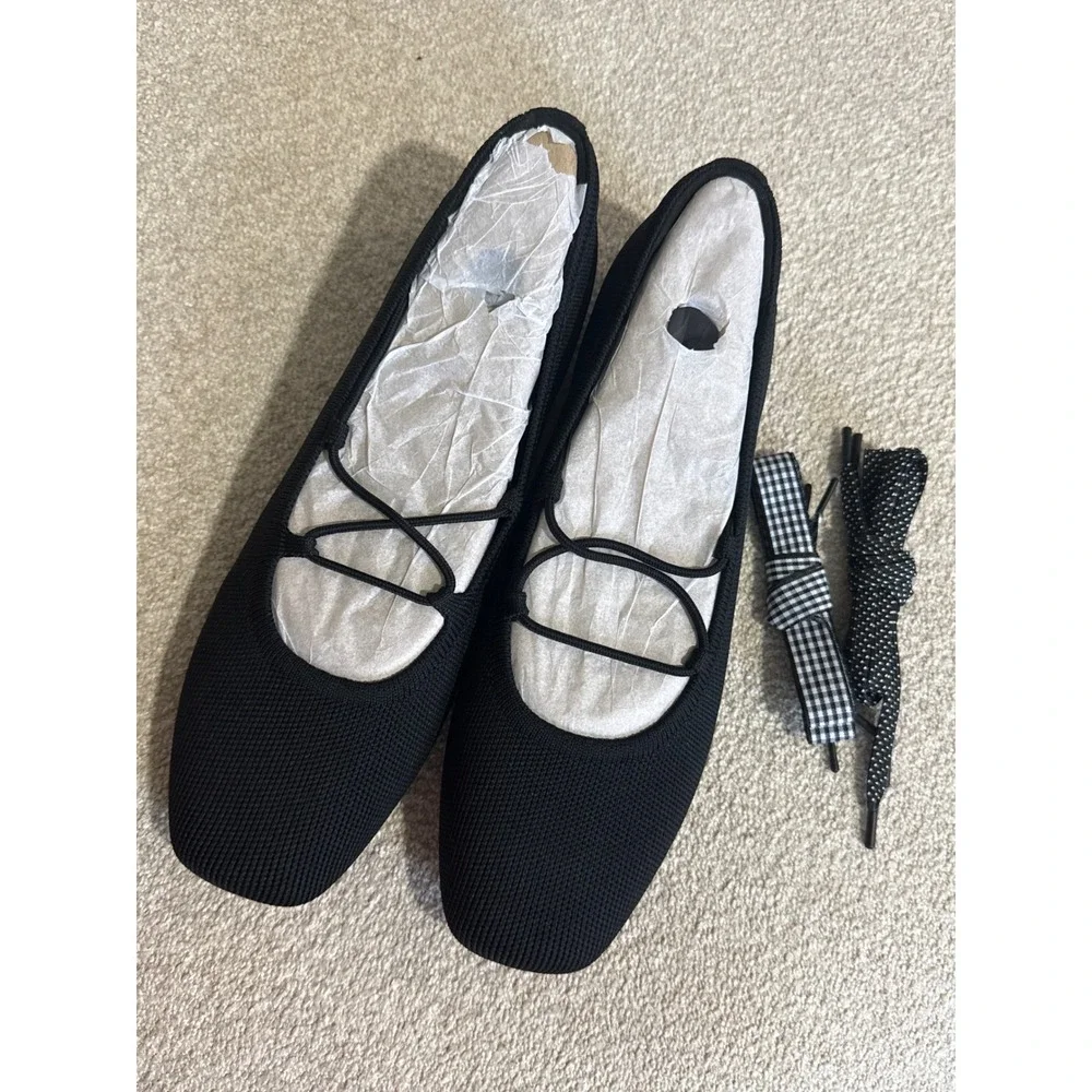 Vivaia Miley Black Square Toe Knit Ballet Flats Lace Up Shoes EU/39.5 US/8.5